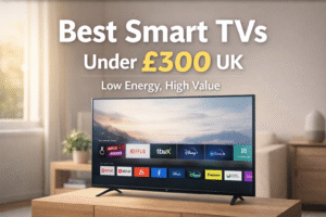 Smart TV on a wooden stand in a bright UK living room displaying popular streaming apps, with the text “Best Smart TVs Under £300 UK – Low Energy, High Value” above it.