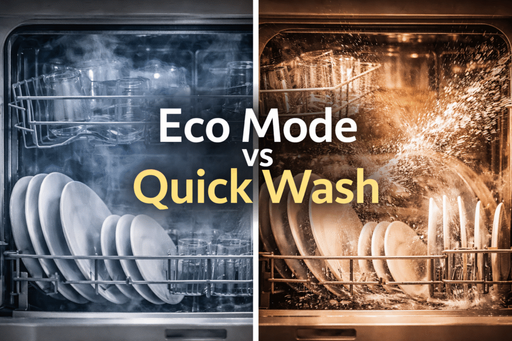 Split-screen dishwasher interior showing a cool, gentle wash on the Eco Mode side and a hotter, more intense spray on the Quick Wash side, with the title “Eco Mode vs Quick Wash” in the centre.