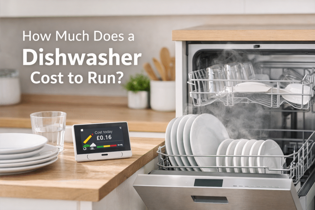 Open dishwasher in a modern UK kitchen with clean plates and light steam rising, next to a countertop energy monitor showing the cost of running a cycle.
