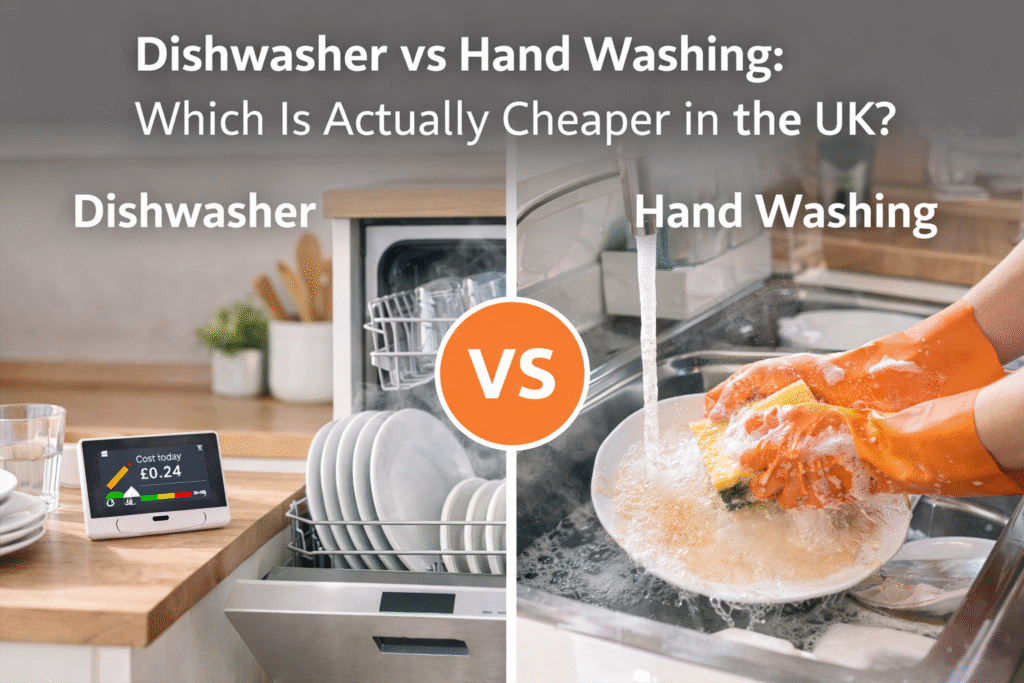 Split-screen comparison showing a modern dishwasher with clean plates on one side and a person hand washing dishes under a running tap on the other, highlighting cost difference between the two methods.