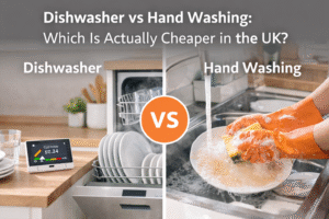 Split-screen comparison showing a modern dishwasher with clean plates on one side and a person hand washing dishes under a running tap on the other, highlighting cost difference between the two methods.