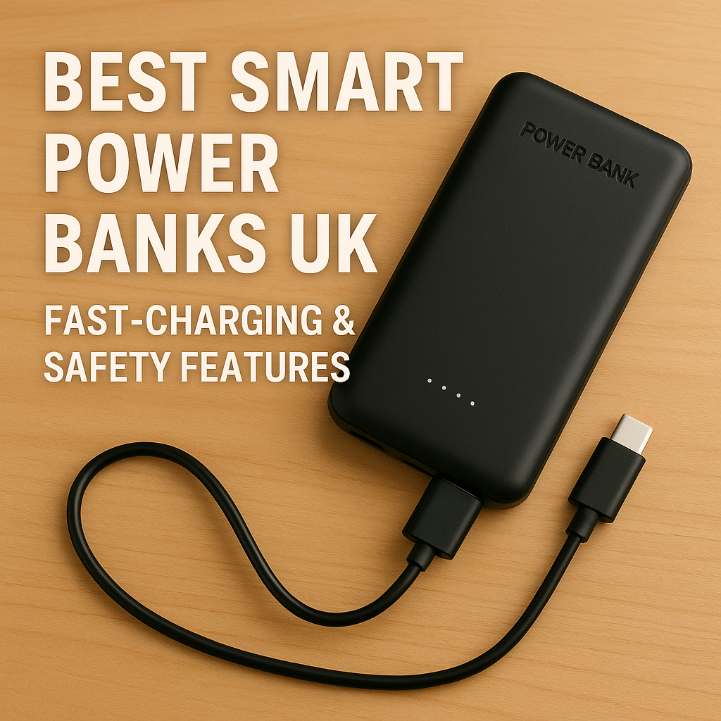 A black smart power bank with a USB-C charging cable on a light wooden surface, with bold white text reading “Best Smart Power Banks UK – Fast-Charging & Safety Features.”