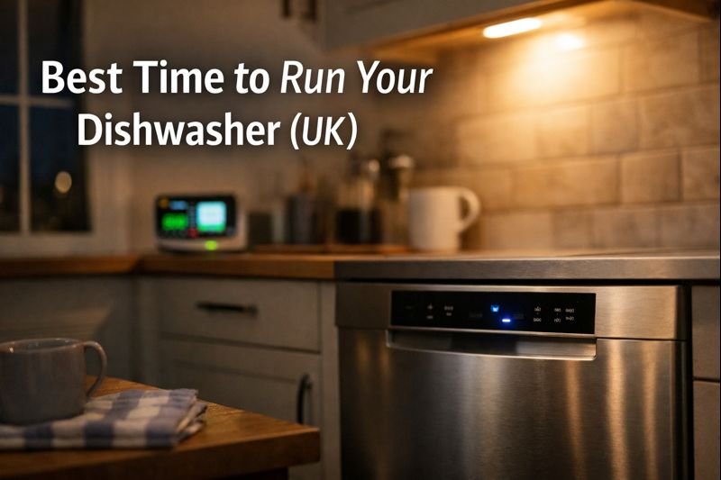 Dishwasher operating in a softly lit UK kitchen at night, illustrating energy-efficient appliance use.