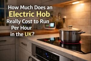 Electric hob cooking on a ceramic surface in a UK kitchen with a saucepan heating, illustrating the cost of running an electric hob.