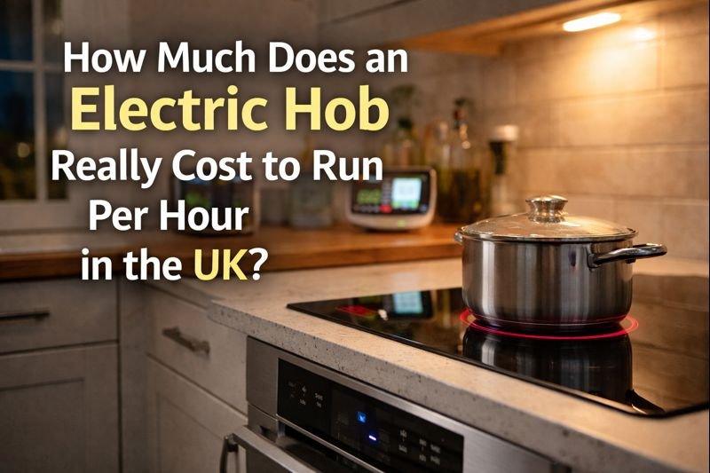 Electric hob cooking on a ceramic surface in a UK kitchen with a saucepan heating, illustrating the cost of running an electric hob.