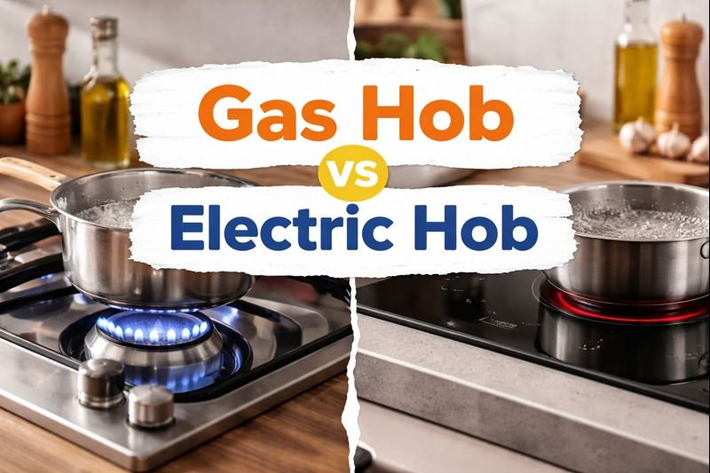 Split image comparing a gas hob with a visible blue flame and an electric hob with a glowing ceramic zone, showing gas versus electric cooking in a UK kitchen.