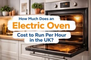 Electric oven switched on in a modern UK kitchen, showing interior oven light and control panel to illustrate energy use and running costs.