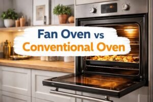 Fan oven vs conventional oven comparison shown in a modern UK kitchen with built-in electric oven cooking food evenly