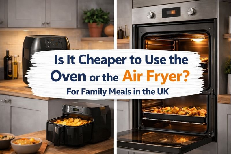 Is it cheaper to use the oven or the air fryer for family meals in the UK, showing a side-by-side comparison of an air fryer and a built-in electric oven cooking food. The image highlights electricity cost differences between air fryers and ovens for family cooking. Designed to support energy-saving decisions in UK homes.