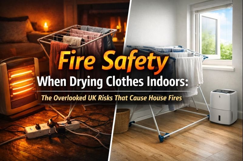 Split-screen image showing fire safety risks when drying clothes indoors in a UK home. One side shows laundry placed near a portable heater and overloaded extension lead, highlighting fire danger. The other side shows a safe setup with clothes on an airer away from heat sources, good ventilation, and a dehumidifier. Illustrates safe vs unsafe indoor laundry drying practices in the UK.