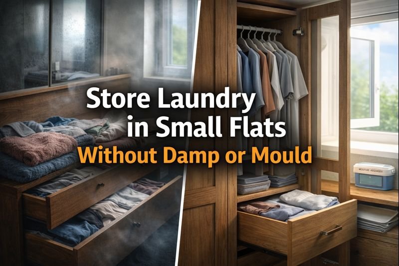 Split-screen image showing how to store laundry in small flats without damp or mould. One side shows clothes stored in drawers with trapped moisture and condensation, while the other shows a clean, well-ventilated wardrobe with spaced clothing and a moisture absorber. Illustrates good vs poor laundry storage in compact UK homes.