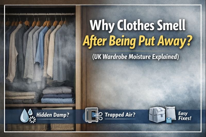 3x2 featured image showing clothes stored inside a UK wardrobe with hidden moisture causing musty smells. The image highlights trapped damp air in wardrobes and drawers and contrasts it with simple storage fixes. Illustrates why clothes can smell after being put away and how moisture control prevents odours in UK homes.