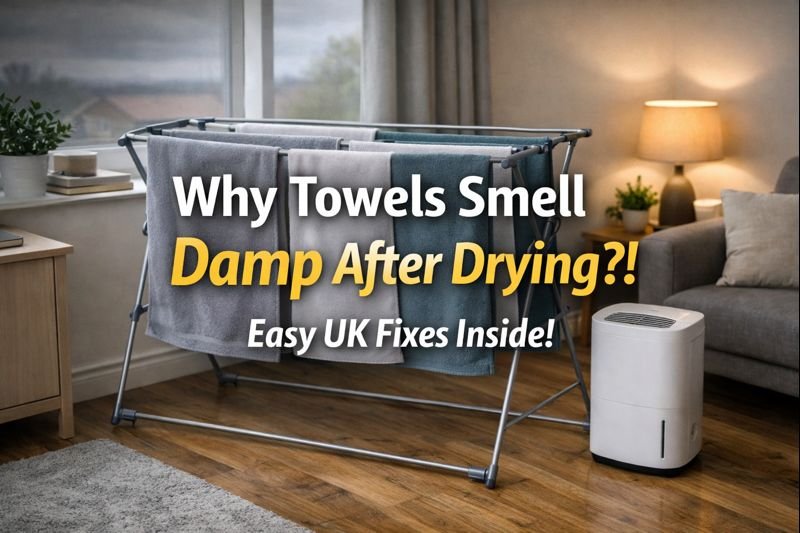 Indoor towel drying setup in a UK living room with towels on an airer and a dehumidifier, explaining why towels smell damp after drying and how to fix it