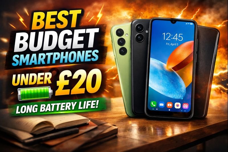 Best budget smartphones under £200 in the UK with long battery life shown in a comparison-style featured image