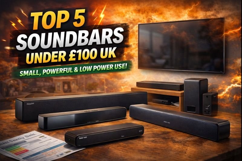 Top soundbars under £100 in the UK showing compact, low-power soundbars designed for small living rooms