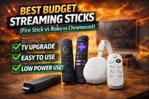 Comparison image of Fire Stick vs Roku vs Chromecast showing the best budget streaming sticks for UK homes
