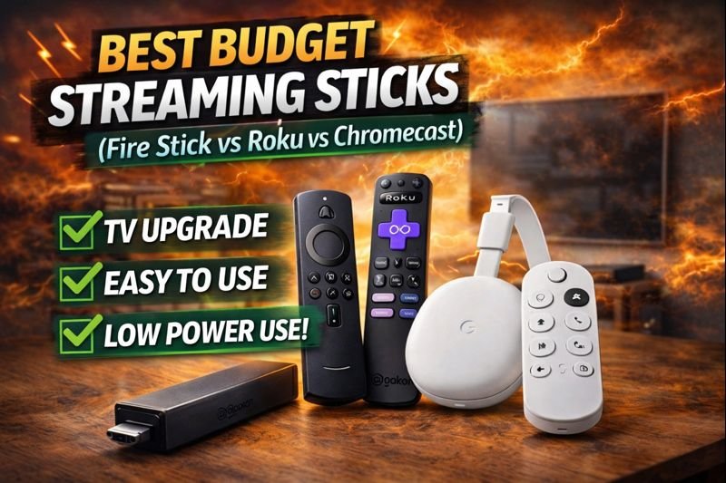 Comparison image of Fire Stick vs Roku vs Chromecast showing the best budget streaming sticks for UK homes