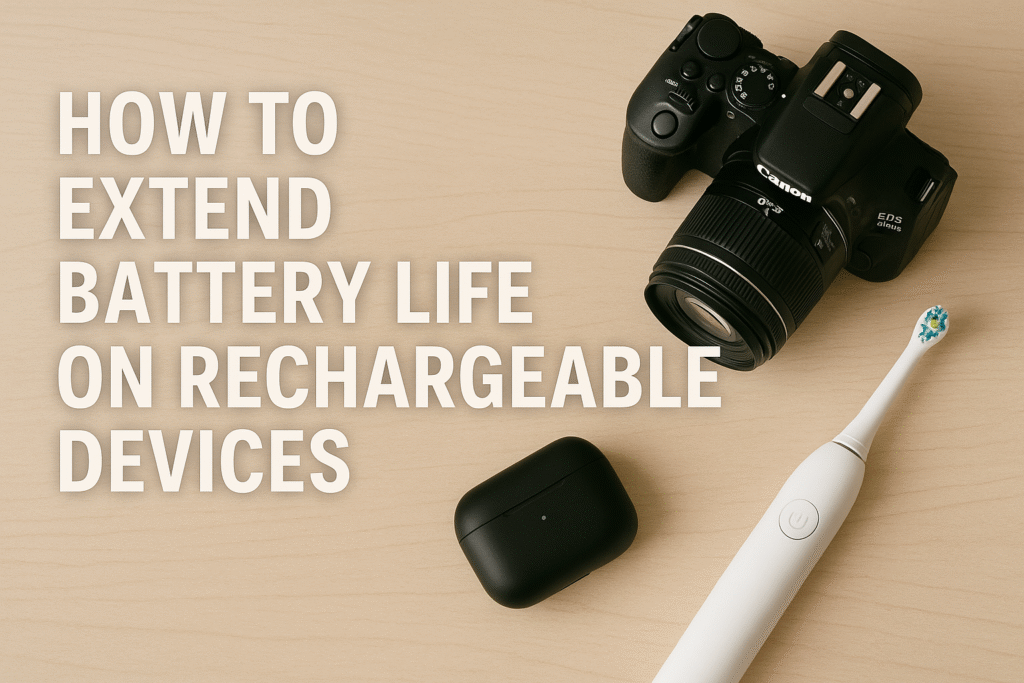 A DSLR camera, electric toothbrush, and wireless earbuds case arranged on a light wooden surface, with large white text reading “How to Extend Battery Life on Rechargeable Devices.”
