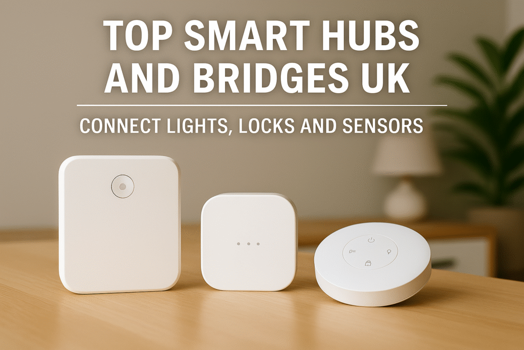 A selection of smart home hubs and bridges on a light wooden surface, including a smart speaker, a compact hub device, and a small wireless bridge, with bold white text reading “Top Smart Hubs and Bridges UK (Connect Lights, Locks and Sensors).”