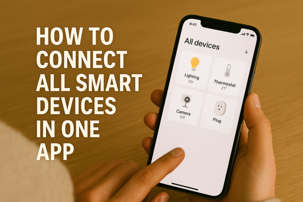 A person holding a smartphone displaying a smart home app with icons for lighting, thermostat, camera and plug, with large white text on the left reading “How to Connect All Smart Devices in One App.”