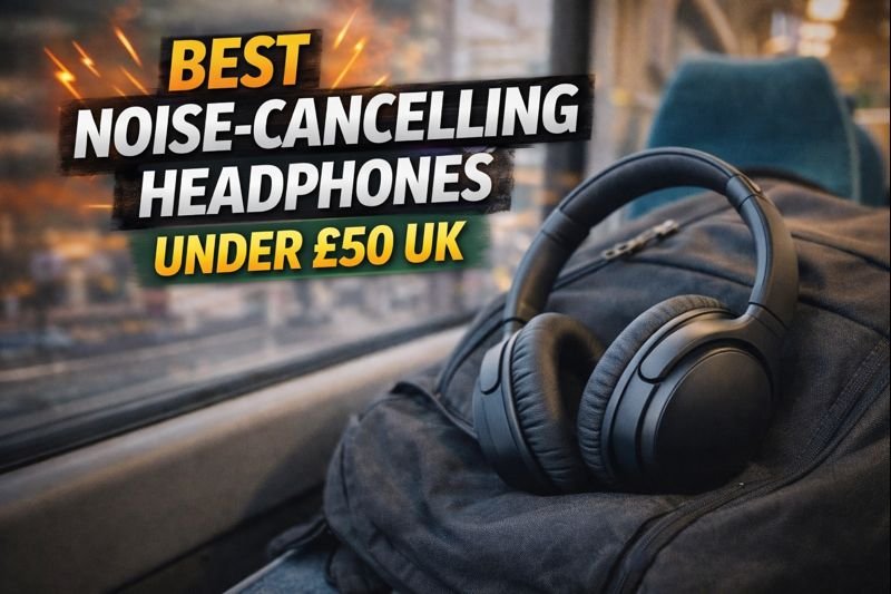 Best noise-cancelling headphones under £50 in the UK shown on a commuter train for everyday listening