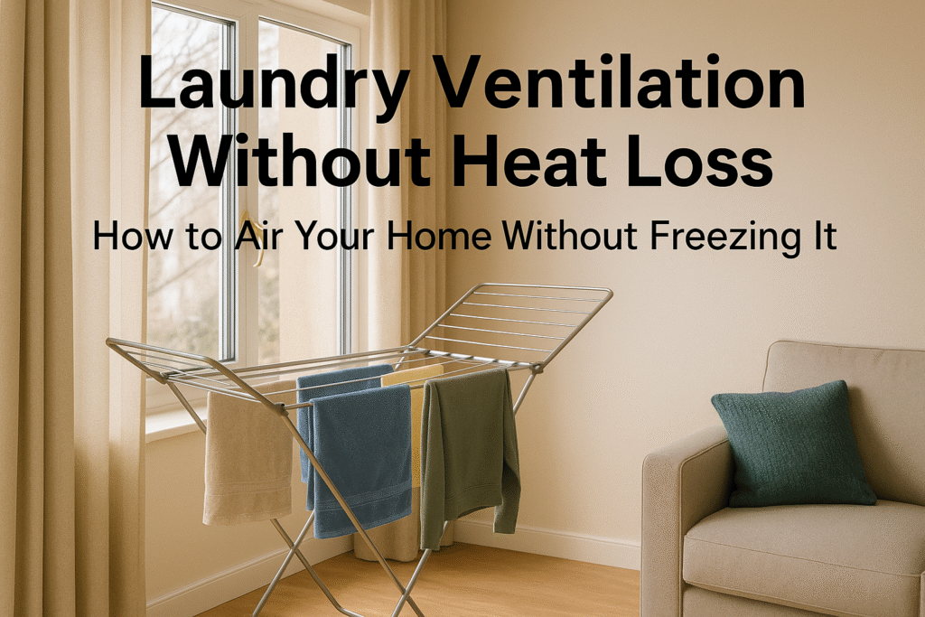 Laundry drying near a slightly open window in a warm UK room, showing how to ventilate without losing heat.