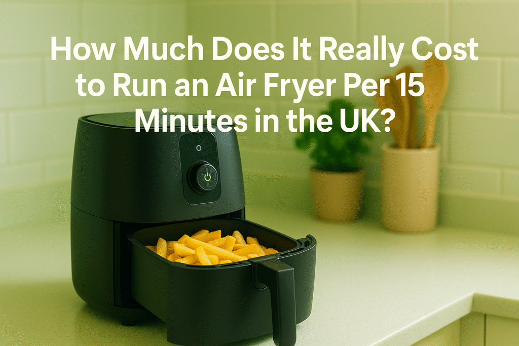 Modern black air fryer on a UK kitchen counter with basket pulled out showing golden chips, warm green and yellow lighting, with text about air fryer running costs.
