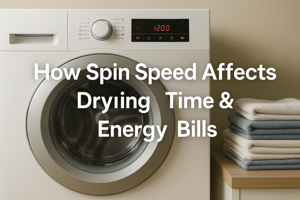 Front-loading washing machine on high spin cycle in a UK utility room with folded towels beside it, showing how spin speed affects drying time and energy bills.