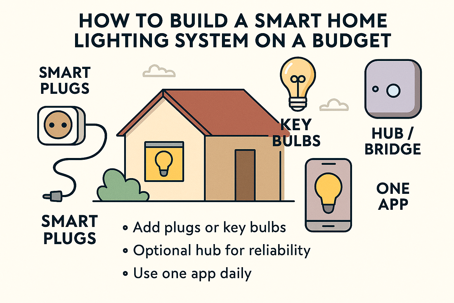 Alt text: “Infographic showing how to build a smart home lighting system on a budget, with a house illustration, smart plugs, key bulbs, hub/bridge, and one app.”