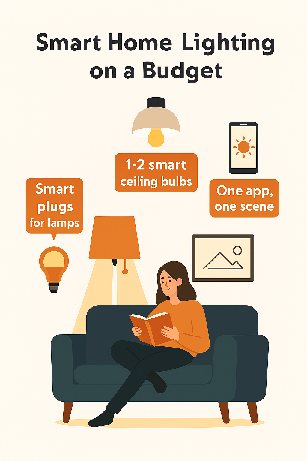 Alt text: “Woman reading on a sofa in a UK living room with smart plugs, ceiling bulbs, and a phone app controlling lighting scenes.”