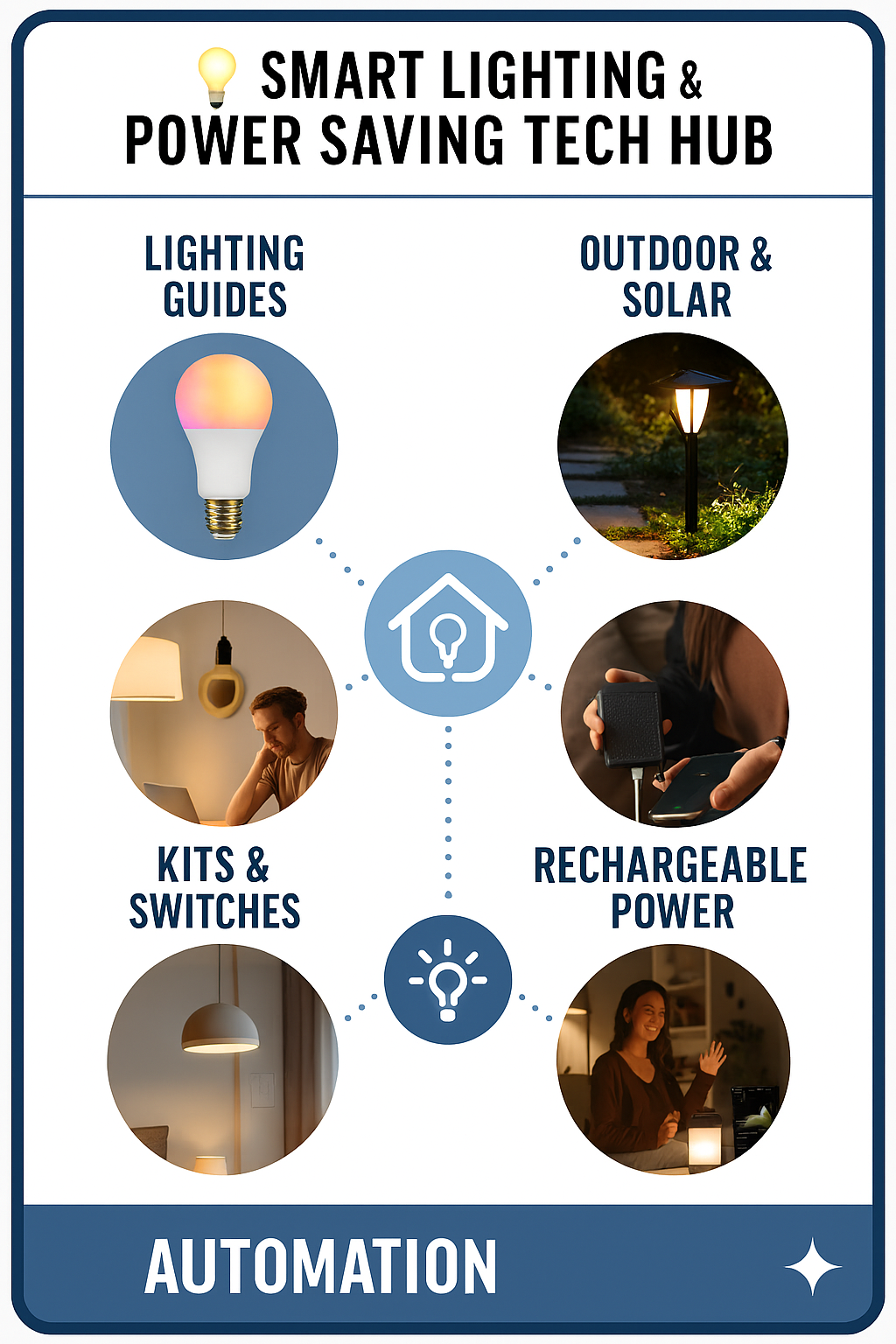 Split-scene image showing smart lighting and rechargeable tech in action. Left side: a UK living room with smart ceiling lights, a glowing light strip under the TV, and a motion sensor near the hallway. A smartphone on the coffee table displays a lighting schedule app with energy savings data. Right side: a garden at dusk with solar pathway lights and a rechargeable lantern on a patio table. A person plugs a phone into a sleek power bank. Central title reads βSMART LIGHTING & POWER SAVING TECH HUBβ with icons of a lightbulb and battery.