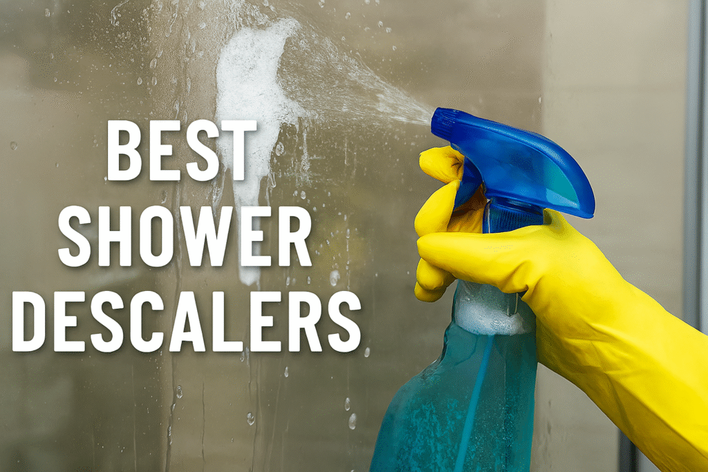 Person spraying limescale remover onto shower glass with yellow glove, foam clinging to surface, bold title text ‘Best Shower Descalers’ on left.”