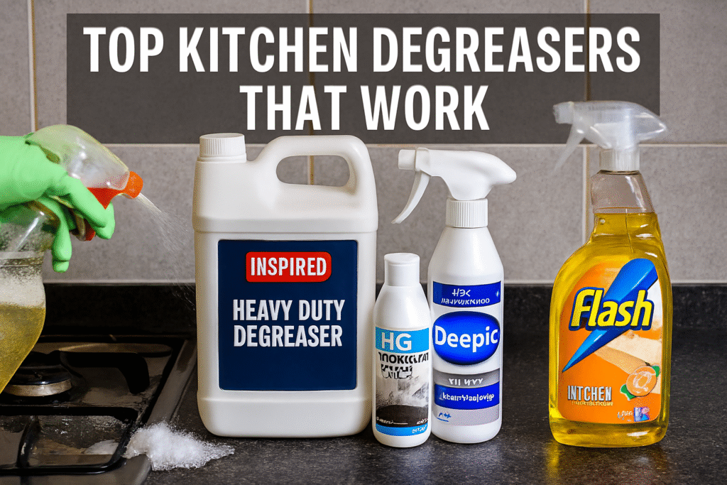“Line-up of top UK kitchen degreasers on countertop with spray bottle in use on greasy stovetop, bold title text above.”