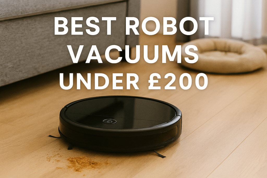 “Black robot vacuum cleaning light wood floor in UK living room, with pet bed and sofa in background. Bold white text overlay reads ‘Best Robot Vacuums Under £200’.”