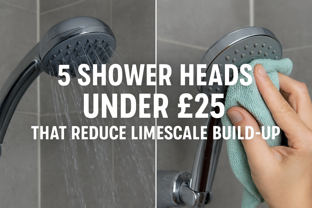 “Split image showing a chrome shower head spraying water in a tiled UK bathroom on the left, and a hand wiping the nozzles of a similar shower head with a turquoise cloth on the right. Bold white text overlay reads ‘5 Shower Heads Under £25 That Reduce Limescale Build-Up’.”