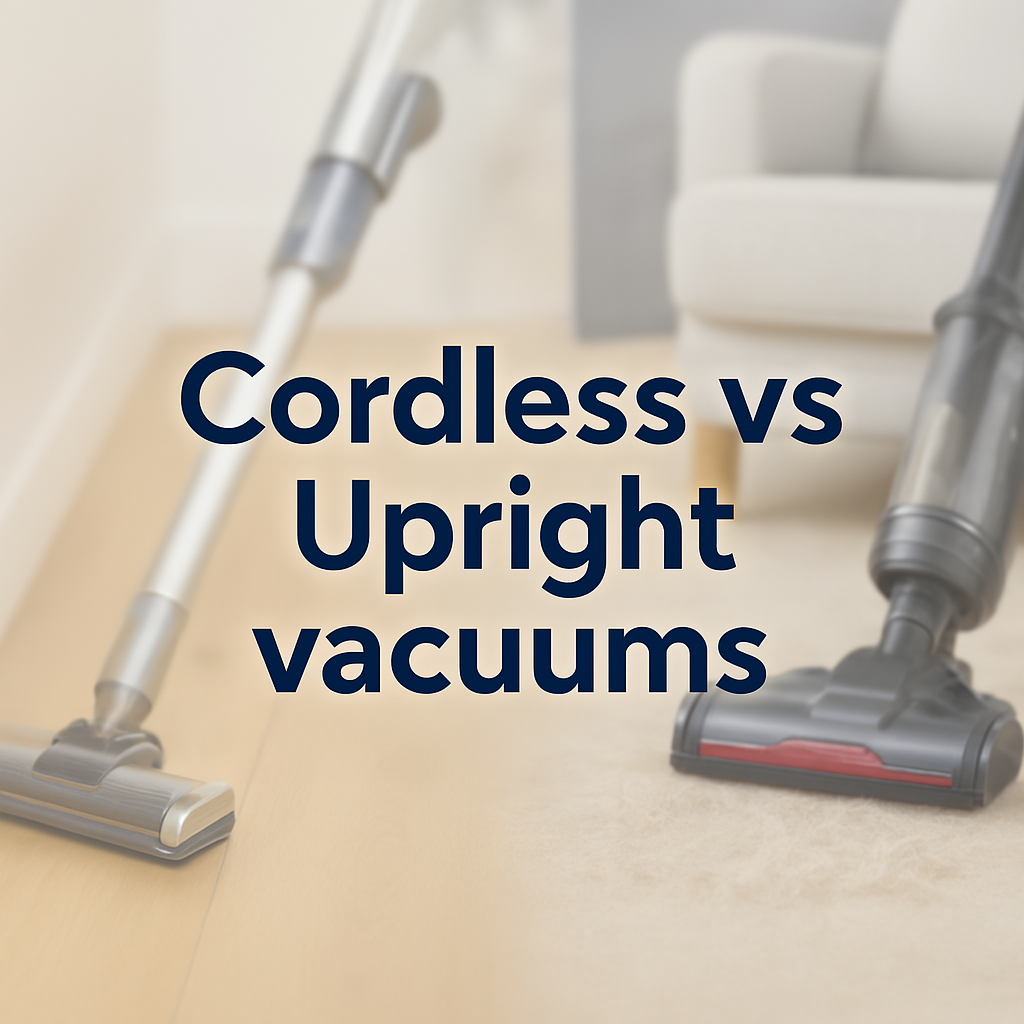 “Modern UK living room with hardwood flooring and a beige carpet, featuring bold centered text that reads ‘Cordless vs Upright vacuums’. The background shows a clean, minimalist space with a sofa and subtle vacuuming cues.”