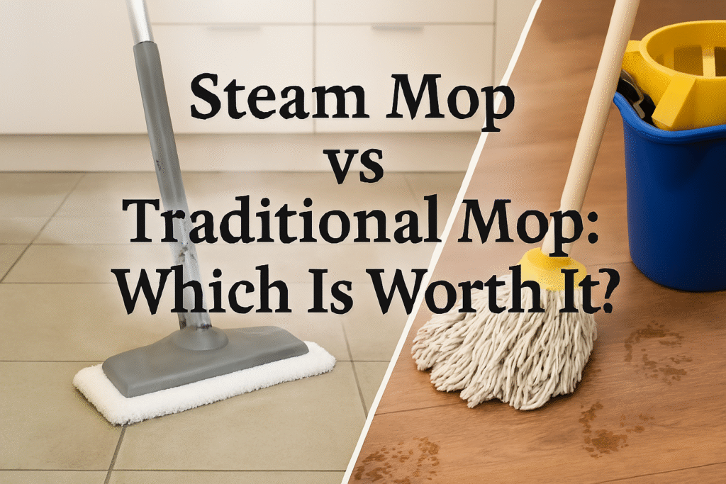 Split-image comparison showing a steam mop cleaning kitchen tiles on the left and a traditional mop with bucket tackling muddy footprints on hardwood flooring on the right. Overlaid title reads “Steam Mop vs Traditional Mop: Which Is Worth It?” in bold serif font.