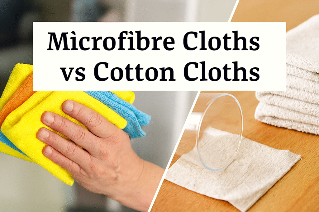 Split-image comparison showing a hand polishing a mirror with a turquoise microfibre cloth on the left, and a cotton cloth soaking up a water spill next to a tipped glass on a wooden table on the right. Overlaid title reads “Microfibre Cloths vs Cotton Cloths” in bold black text.
