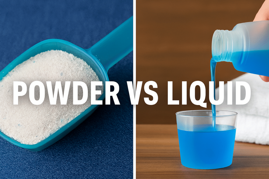 “Bold split-screen graphic with oversized white text reading ‘Powder vs Liquid Laundry Detergent: The Shocking Truth!’ against icy blue and fiery red backgrounds, styled with lightning bolt accents for dramatic contrast.”