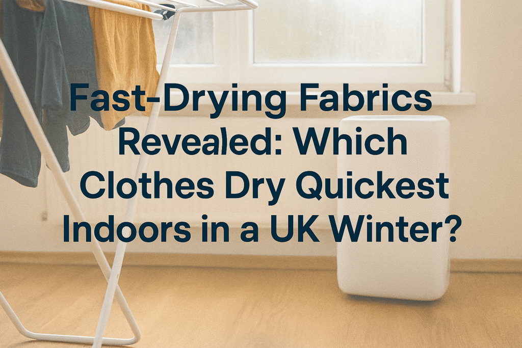 Title text ‘Fast-Drying Fabrics Revealed: Which Clothes Dry Quickest Indoors in a UK Winter?’ over a background showing a UK home interior with a drying rack and dehumidifier near a window.”