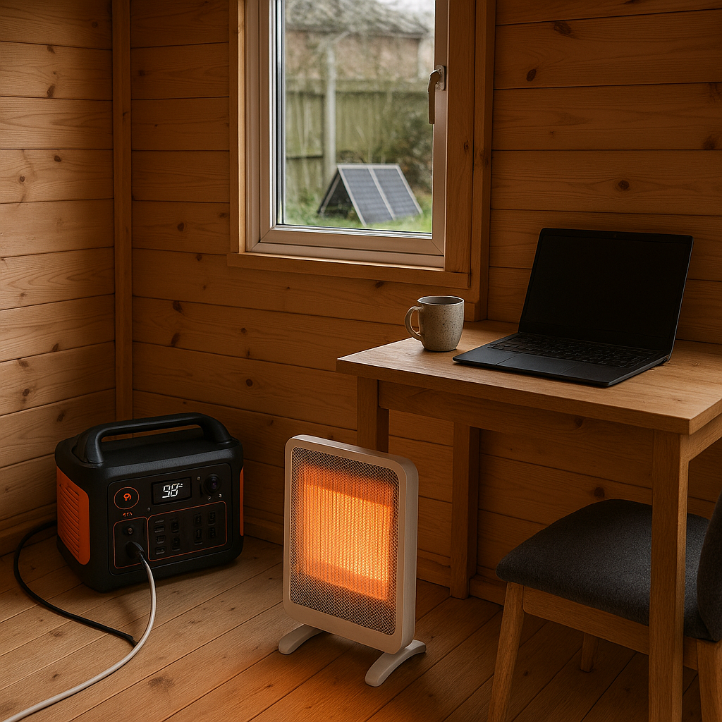 Interior of a small UK-style garden office with a portable power station powering a low-watt panel heater; laptop and mug on desk, soft daylight through window, and portable solar panels visible outside in an overcast garden.