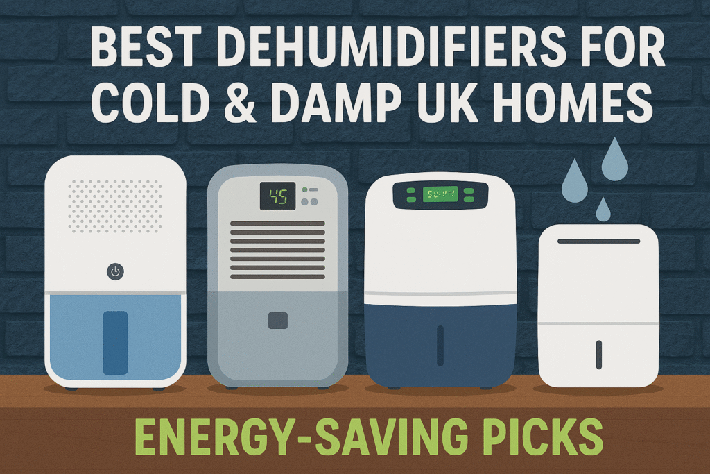 Alt text: Digital graphic showing four energy-saving dehumidifiers on a wooden surface against a dark blue brick wall. Bold white text reads “Best Dehumidifiers for Cold & Damp UK Homes” at the top, with lime green text “Energy-Saving Picks” at the bottom. Each dehumidifier has a distinct design and control panel, and three water droplet icons appear on the right side of the image.
