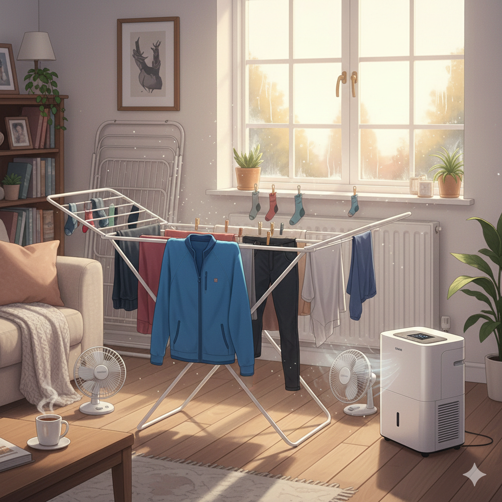 A warm, cosy semi-realistic illustration of an indoor laundry drying setup, typical of a UK home during winter. The scene is set in a living room bathed in natural daylight. A traditional clothes drying rack is positioned centrally, draped with a variety of laundry, including fast-drying synthetic sportswear/fleece items well-spaced out, alongside slower-drying cotton items like jeans and a hoodie.

Key elements illustrating drying hacks are visible:

A radiator is located near a window, often used for extra heat.

A dehumidifier appliance is running nearby to extract moisture from the air.

Subtle details include slight condensation on the window, and possibly a small fan positioned to encourage air circulation, and a folded heated airer leaning against a wall, suggesting additional available tools.

The overall mood is homely and practical, visually grounding the advice on efficient indoor drying.