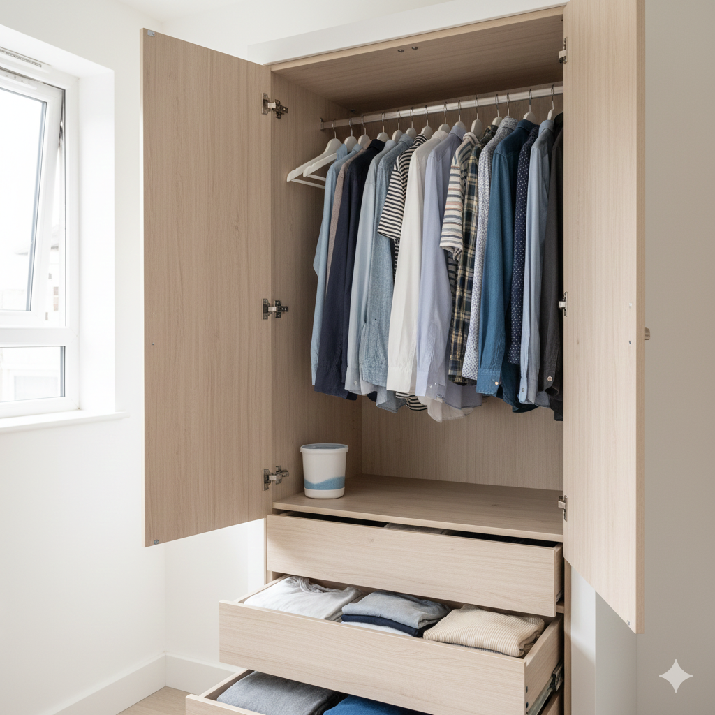 A bright, organised small flat interior showing clean, dry laundry stored correctly. Clothes are folded loosely in drawers and hung in a wardrobe with space between items, wardrobe doors slightly open to suggest airflow. A discreet moisture absorber is placed on a shelf, and the room feels fresh and well-ventilated with daylight coming through a window. The overall mood is calm, practical, and achievable, showing a repeatable storage setup that prevents damp, mould, and smells. No people, no text, modern UK home aesthetic.

