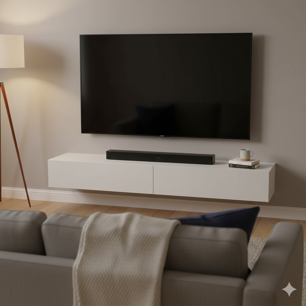 A realistic UK living room scene showing a small, slim soundbar positioned neatly beneath a wall-mounted TV on a minimalist media unit. The room is modest in size, with a sofa nearby, soft neutral colours, and warm evening lighting to suggest everyday TV viewing. The soundbar looks compact and unobtrusive, reinforcing the idea of a space-saving, low-power upgrade. No people visible, no on-screen text, no logos, 3:2 aspect ratio, Save Wise Living style, natural and lived-in feel.

