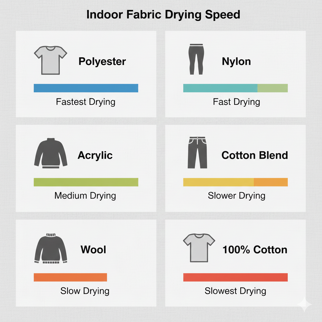 A clean, modern infographic illustrating the indoor drying speed of various fabric types using a horizontal bar chart design. The chart features six common clothing items, each labeled with its corresponding fabric and drying speed: The chart visually ranks the fabrics from fastest to slowest drying, utilizing a color gradient (e.g., blue for fast, transitioning to orange/red for slow). Fastest Drying (Blue/Short Bars): Polyester (T-shirt icon), Nylon (Leggings icon), and Acrylic (Jumper icon). Medium Drying: Cotton Blend. Slowest Drying (Orange/Red/Long Bars): Wool (Wool Sweater icon) and 100% Cotton (Jeans icon). The focus is on providing a quick, at-a-glance comparison of which fabrics dry most efficiently indoors.