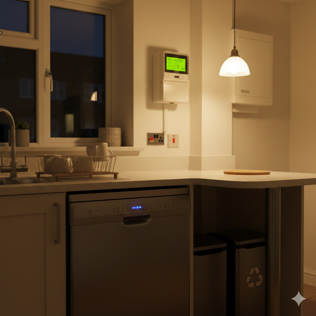 Dishwasher running in a UK kitchen at night with low lighting, showing an off-peak electricity usage setup.