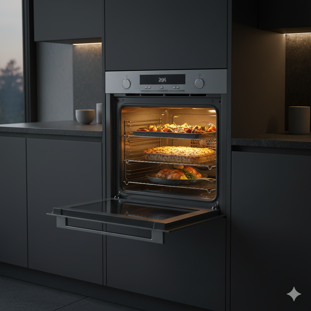 This image shows a modern built-in oven in a sleek UK kitchen, glowing warmly as it cooks multiple dishes at once on different shelves. The food inside looks evenly cooked and appetising — golden vegetables, a tray bake, or a roast — subtly highlighting efficient heat circulation without needing text or labels. The kitchen lighting is dramatic but realistic, creating a sense of confidence and performance, as if this is an oven that gets the job done quickly and efficiently. No people are present, keeping the focus firmly on the appliance and the idea of powerful, low-waste cooking.

