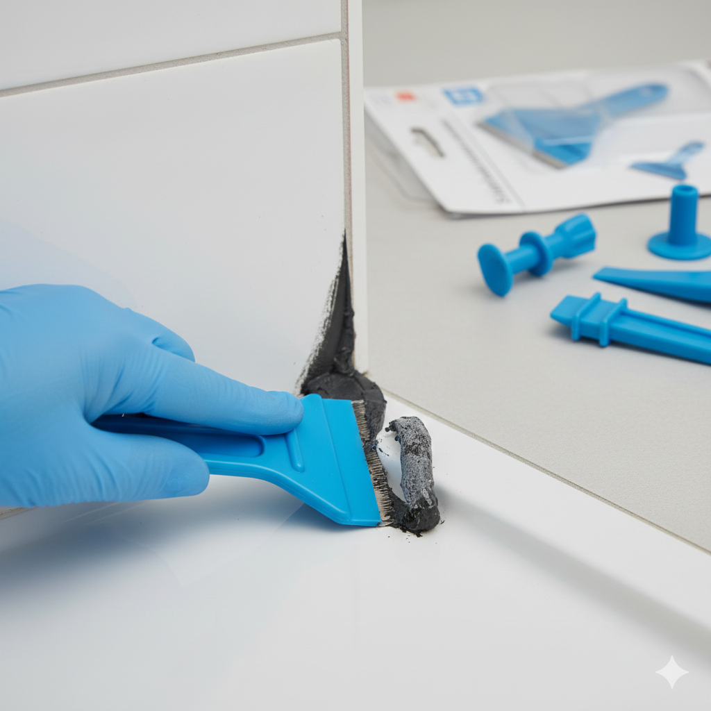 A detailed close-up shot focused on a silicone joint. A blue silicone remover tool from a kit is being used to strip away old, unsightly, mouldy sealant from the joint, clearly highlighting the technical nature of the tool and the precision required for resealing.