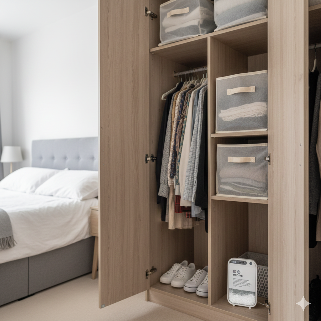 A bright, organised wardrobe setup in a small UK home showing clothes spaced apart on hangers, breathable fabric storage bags on shelves, and a discreet moisture absorber placed at the bottom of the wardrobe. The wardrobe doors are slightly open to suggest airflow, and daylight from a nearby window gives the space a fresh, dry feel. The scene communicates a practical, repeatable fix rather than a perfect showroom look. No people, no text, calm and realistic UK interior style.

